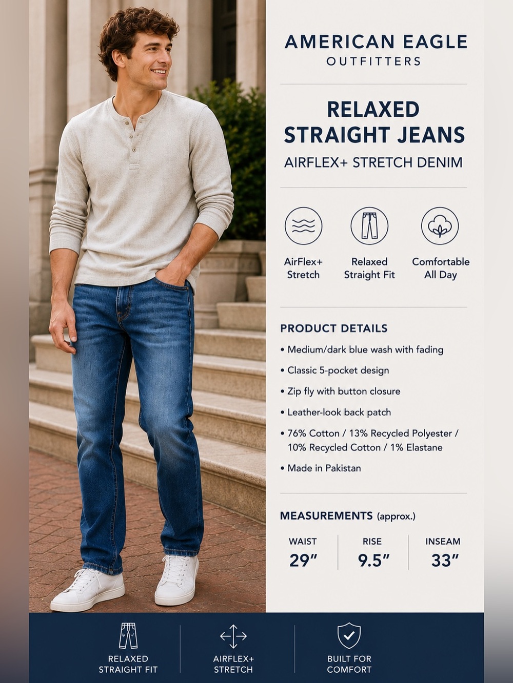 American Eagle Relaxed Straight Jeans Mens 29x34 AirFlex+ Stretch Medium Wash